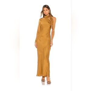 YOUNG FABULOUS & BROKE Febe Choker Maxi Dress XS Bronze One Sleeve Sheath